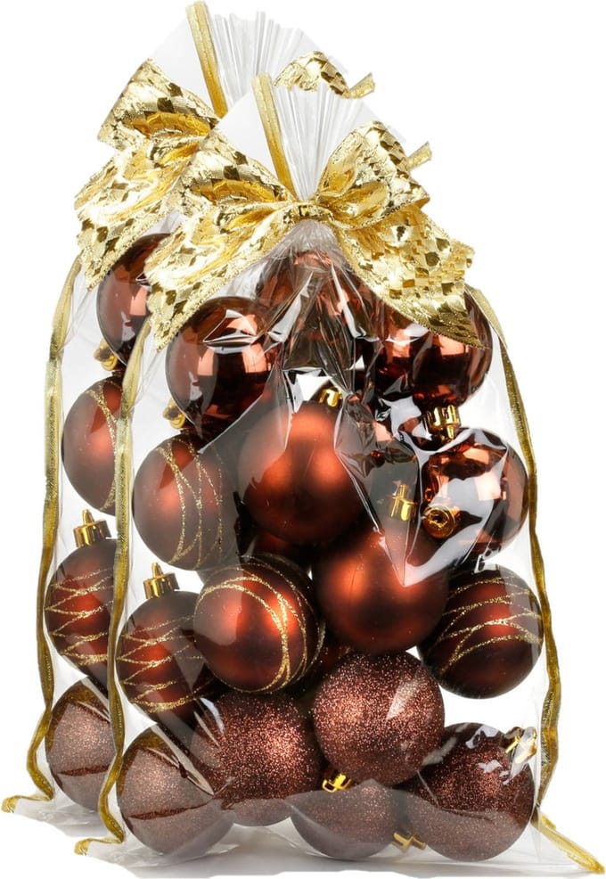 40x stuks kunststof/plastic kerstballen bruin mix 6 cm in giftbag - Kerstboomversiering/kerstversiering