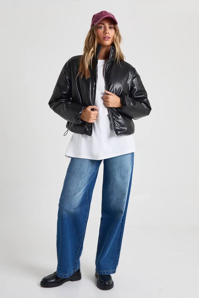 boohoo Dames Bomberjack met trechterhals in imitatieleer | Black | Maat: 14