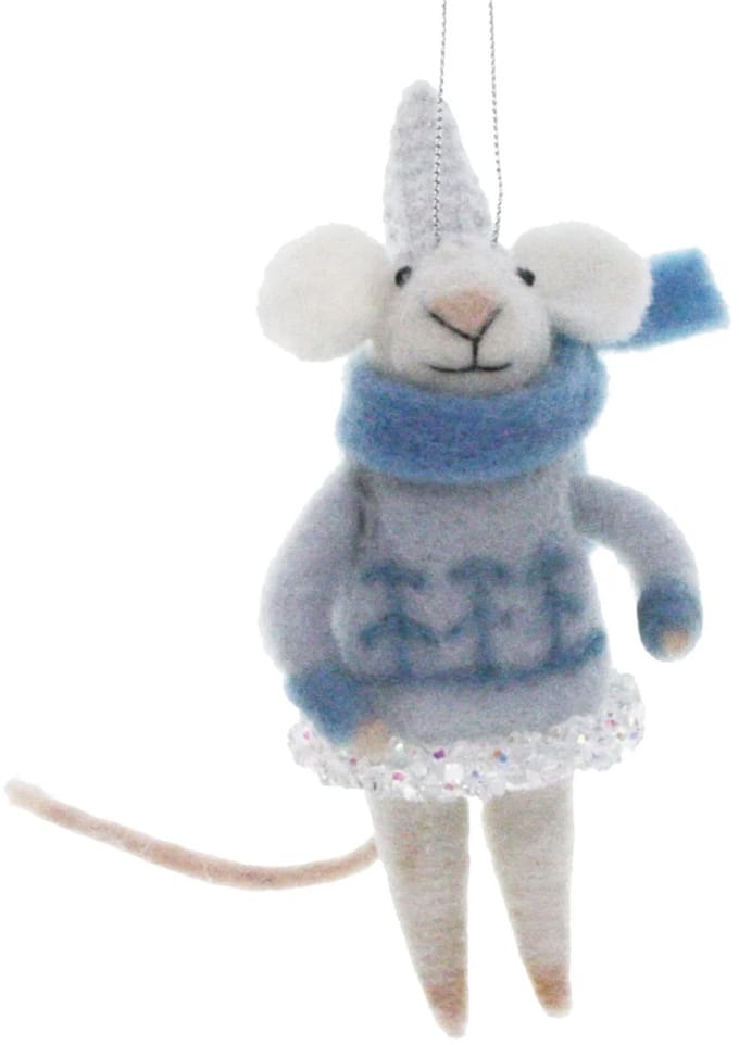 Muis met blauwe kerst trui 5x6x12cm