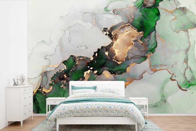 Behang - Fotobehang Marmer - Goud - Groen - Luxe - Breedte 330 cm x hoogte 220 cm