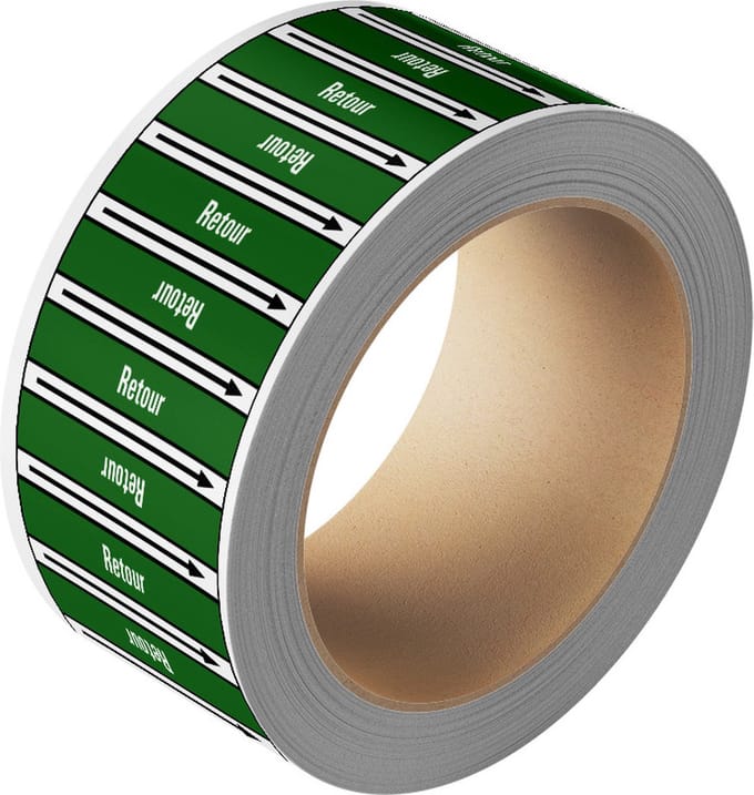 Retour leidingmarkering op rol, 25 meter 75 mm