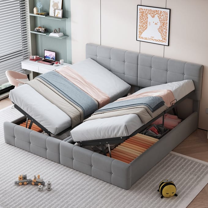 Gestoffeerd Bed 180x200 - Hydraulische Opbergruimte Hoog Boxspringframe - Fluweel - Grijs