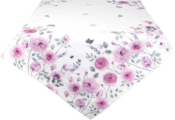 Clayre & Eef Tafelkleed 150x250 cm Wit Paars Katoen Rozen Tafellaken