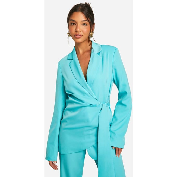 boohoo Dames Drape Tie Waist Fitted Tailored Blazer | Aqua | Maat: 34