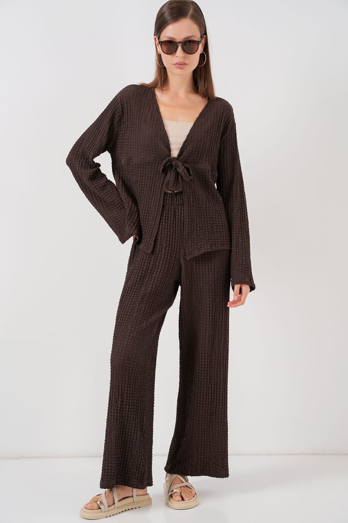 Gestructureerde V-hals Langwerpige Top & Flared Broek Twee-delige Set