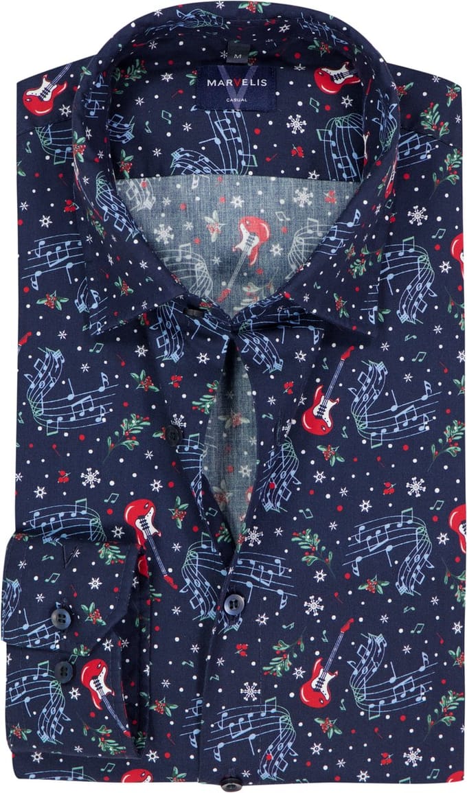 MARVELIS Casual modern fit Kerst overhemd - popeline - donkerblauw Kerst dessin