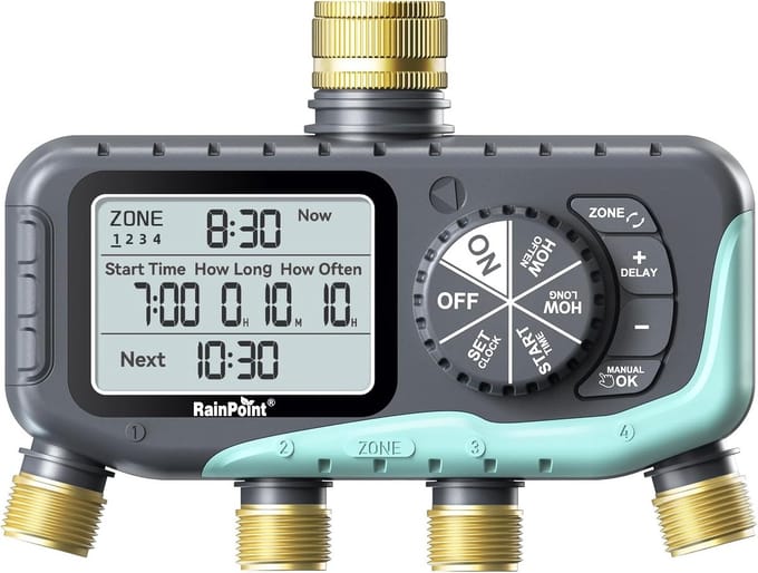 Irrigatiecomputer - Water Timer - Gazon en tuin - 4-zone besturing - IP65 waterdicht - Grijs