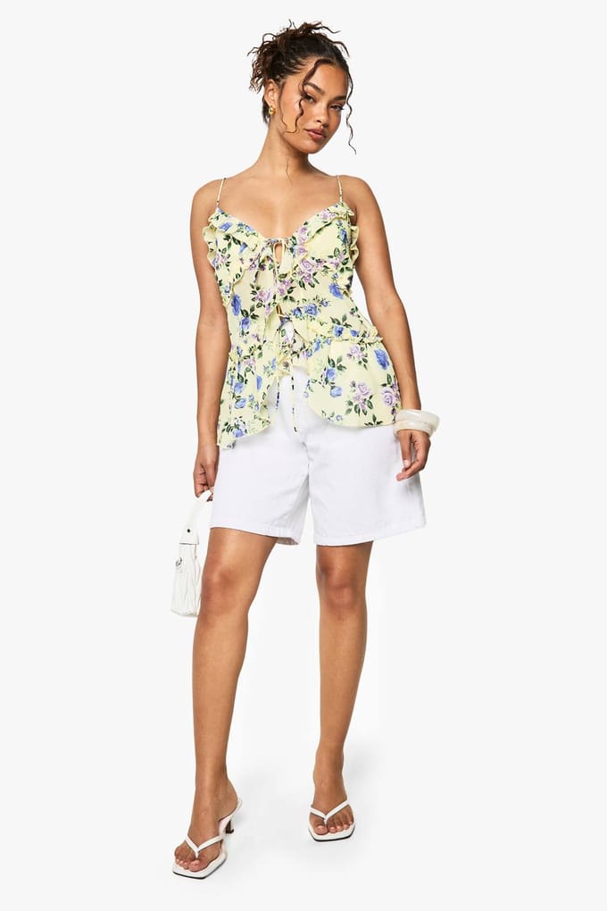 boohoo Dames Geweven Bloemenprint Ruffle Cami | Lemon | Maat: XS