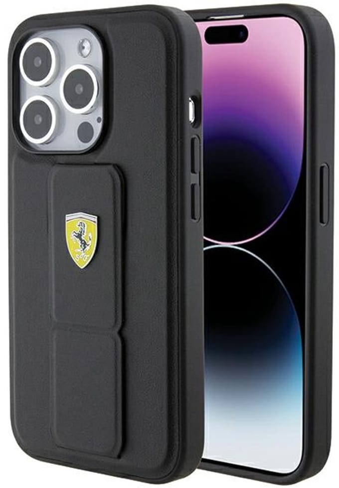 Ferrari Metal Logo Grip Stand Back Case - Geschikt voor Apple iPhone 15 Pro (6.1") - Zwart