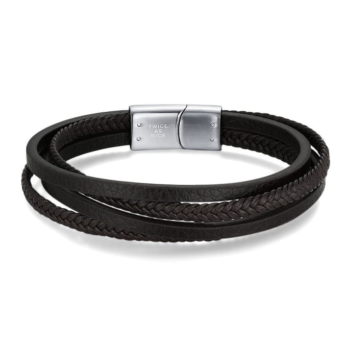Twice As Nice Armband in edelstaal, 4 rijen bruin leer 21cm