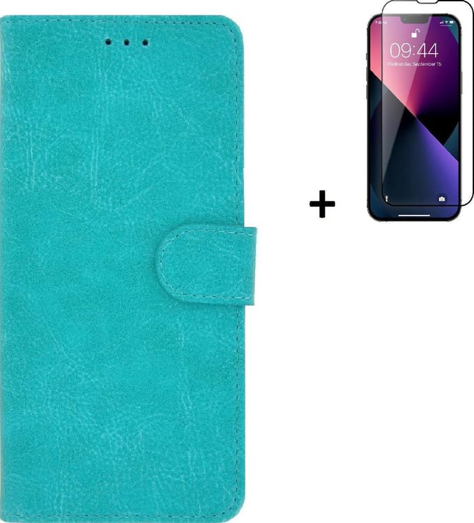 Geschikt voor iPhone 13 Pro Max Hoesje + iPhone 13 Pro Max Screenprotector - iPhone 13 Pro Max Hoes Wallet Bookcase Turquoise + Full Tempered Glass