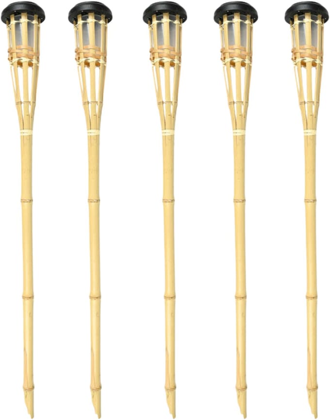 Benson Tuinfakkel - 5x - Solar - led tuinlamp - bamboe hout - 78 cm - bruin