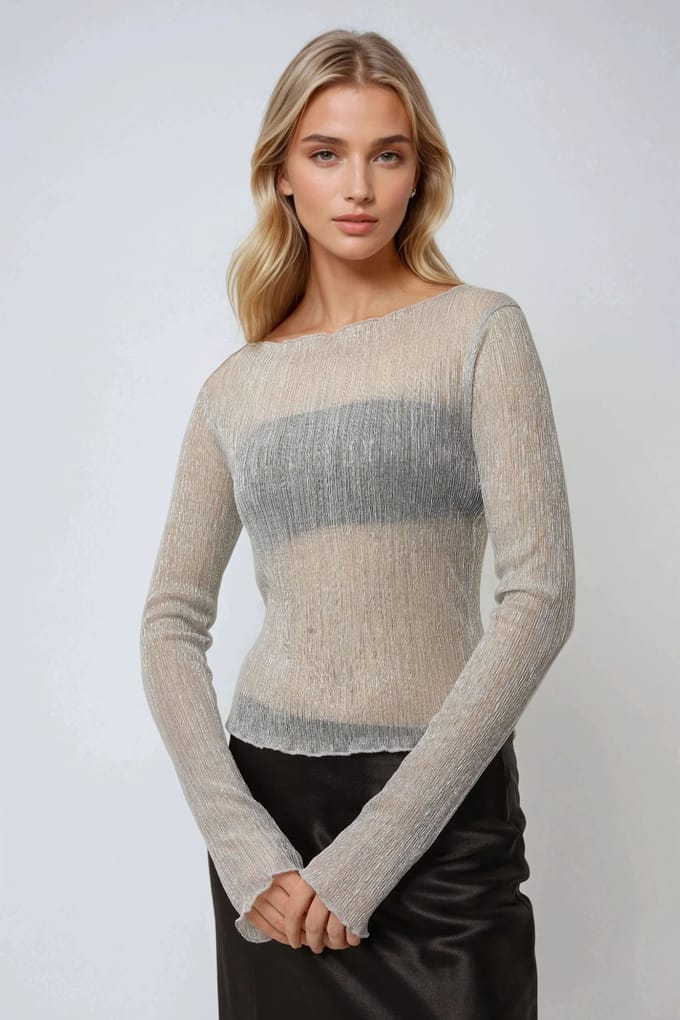 Gestructureerde Crew Neck Glitter Fitted Blouse