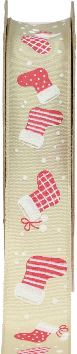 Kerstlint laarsjes beige rood cadeaulint 25mm 15m