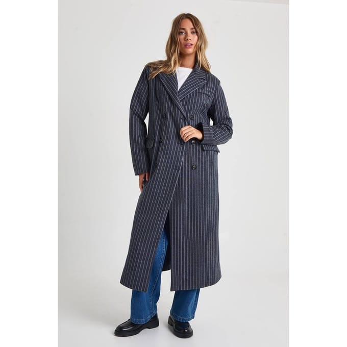 boohoo Dames Wollook Pinstripe Oversized Maxi Jas | Navy | Maat: 10