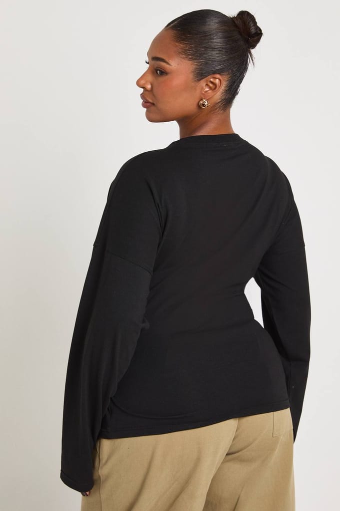 boohoo Dames Plus Wrap Gerimpelde Top met Lange Mouwen | Zwart | Maat: 48