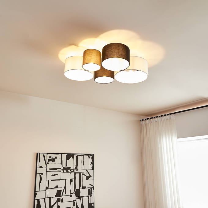 Lindby - plafondlamp - 5lichts - textiel, metaal - H: 21.5 cm - E27 - grijs, zwart, wit