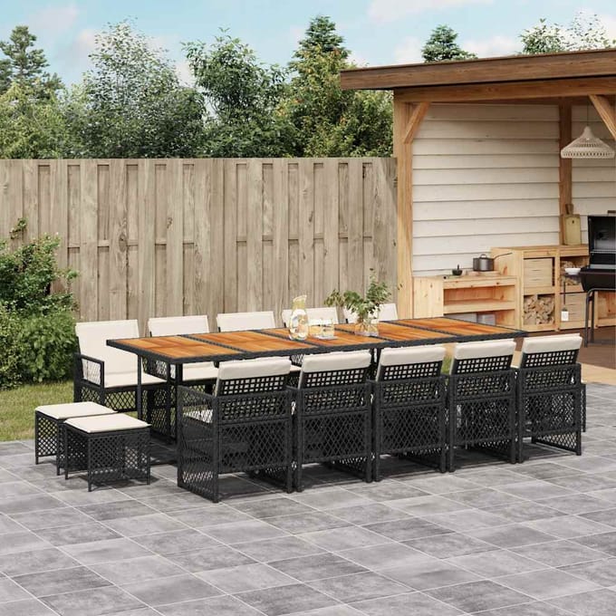 vidaXL - 15-delige - Tuinset - met - kussens - poly - rattan - zwart
