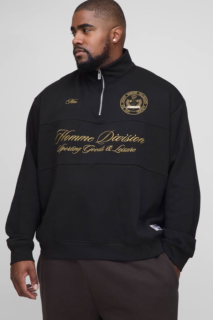 Plus Oversized Boxy Homme Quarter Zip Funnel Neck Sweatshirt | Black | Size 2XL