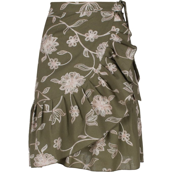 Olijf Geborduurde Bloemen Wikkel Ruffle Rok
