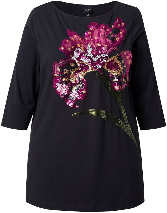 Ulla Popken - Dames - Sweatshirt A-lijn boothals 3/4-mouw modalmix - Zwart - Maat 46+