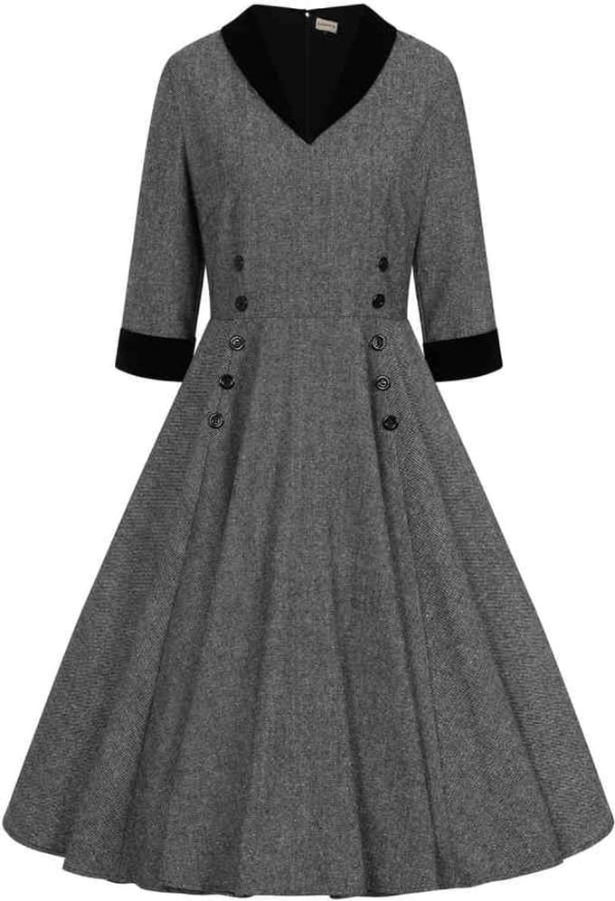 Banned - Sylvia Herringbone Swing Flare jurk - M - Grijs