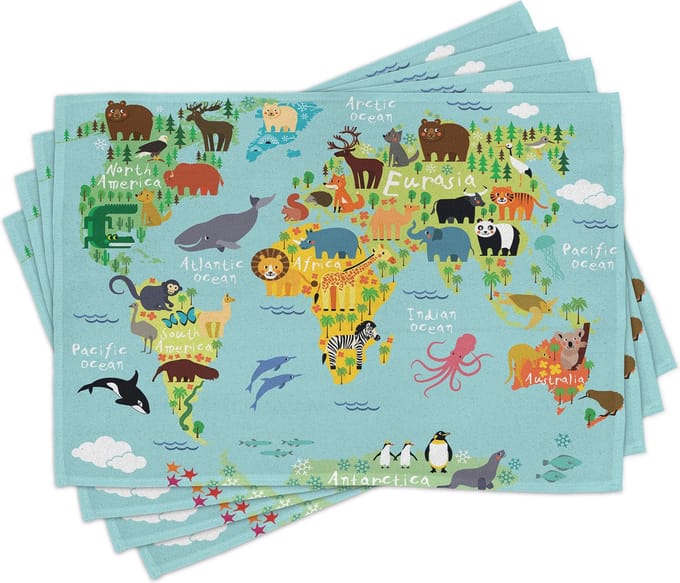New Bed Set van 4 Placemat Kinderen voor Eettafel, Wasbare Stof met Antislip Achterkant