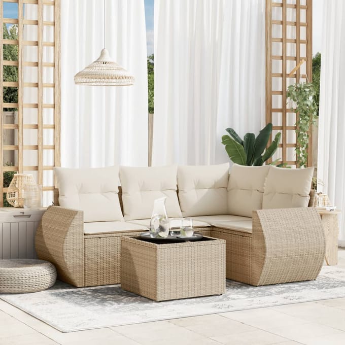 vidaXL - 5-delige - Loungeset - met - kussens - poly - rattan - beige