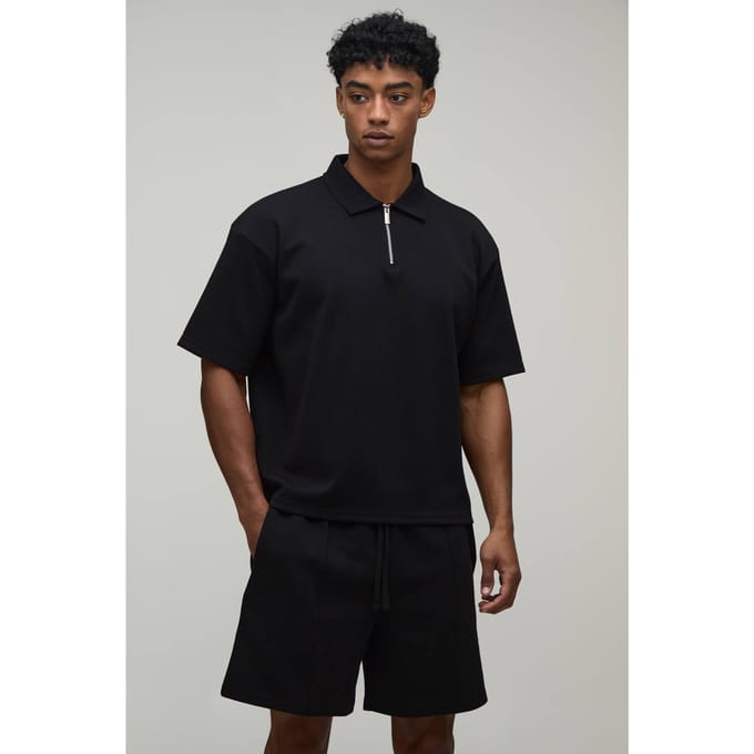 Oversized Boxy Interlock Polo Met Korte Mouwen En Pintuck Short Set | Black | Size Medium
