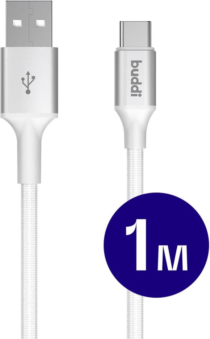 Buddi Flex | USB-A naar USB-C Kabel 12W Fast Charge 5V/2.4A | 480Mbps Dataoverdracht | Gevlochten Nylon | 1M | 1 Meter | Wit