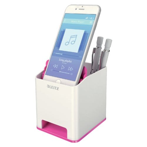Pennenhouder Leitz WOW Sound, 1 vak, smartphonevak met geluidsversterking, wit/pink