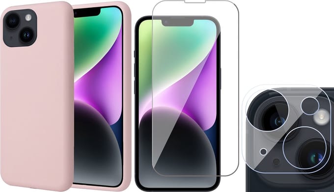 Hoesje geschikt voor iPhone 14 - Screenprotector GlassGuard & Camera Lens Screen Protector - Back Cover Case SoftTouch Roze