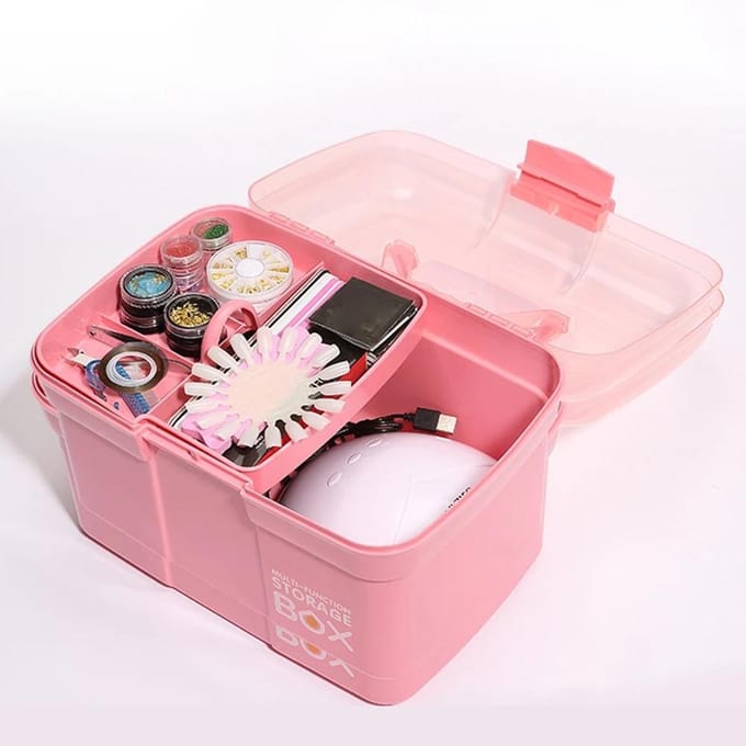 Plastic Opbergdoos met Uitneembaar Bakje Nagellak Draagkoffer Multifunctionele Organizer Opberg roze