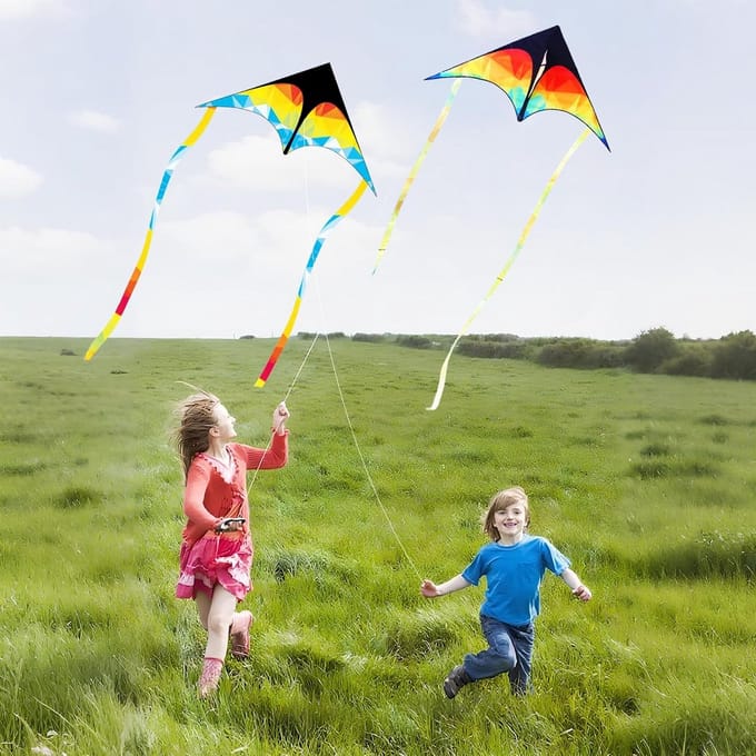 Vliegerset voor Kinderen: 2 Regenboog Draken met 200m Vlieglijn