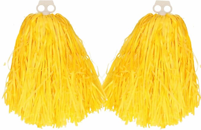 Cheerballs/pompoms - 2x - geel - met franjes en ring handgreep - 28 cm