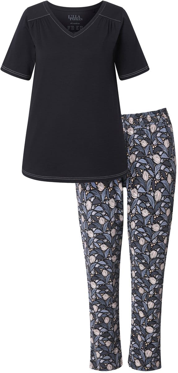 Ulla Popken - Dames - Pyjama bladeren V-hals korte mouw - Zwart - Maat 46+