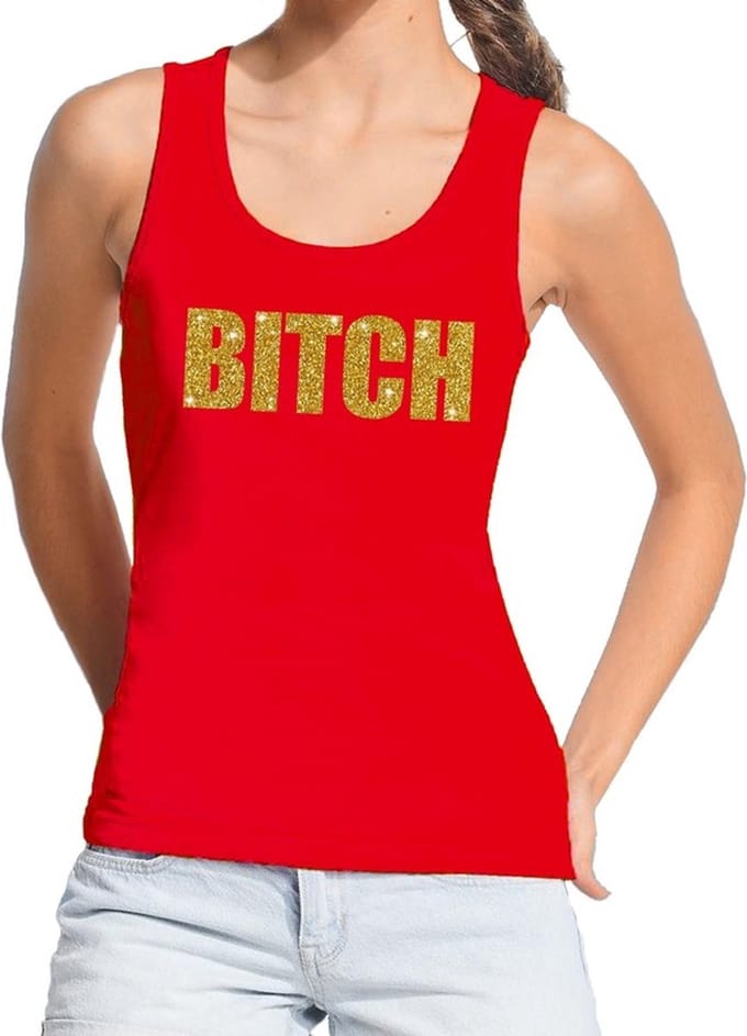 Bitch glitter tekst tanktop / mouwloos shirt rood dames - dames singlet Bitch L