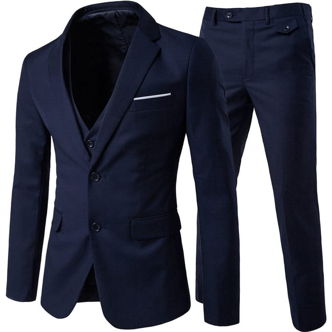 Driedelig marineblauw pak met ingekeepte revers