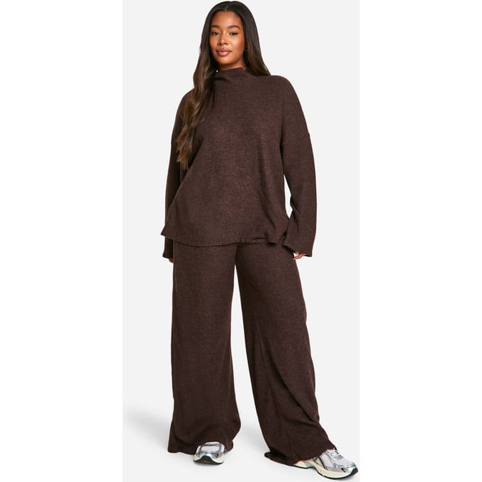 boohoo Dames Plus Soft Rib Slouchy Trui & Wijde Broek | Chocoladebruin | Maat: 46