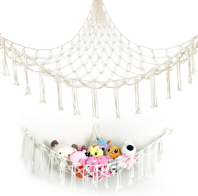 Famanu – Hangend knuffeldier opbergnet – Boho macramé stijl – Voor kinderkamer en speelgoedopslag