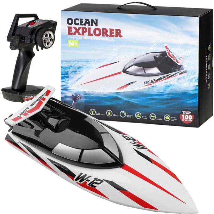 Playos® - RC Speedboot - Wit/Rood - Stabilisatiefunctie - tot 100 Meter - 24 km/u -