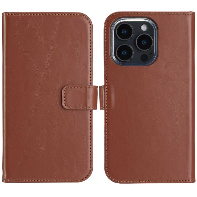 Selencia Hoesje - Geschikt voor Apple iPhone 16 Pro Max - Echt Lederen Bookcase - Lichtbruin