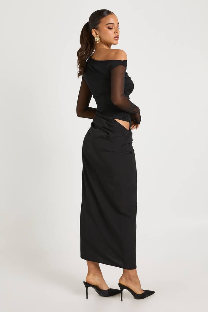 boohoo Dames Mesh Mix Draped Midaxi Jurk | Black | Maat: 8