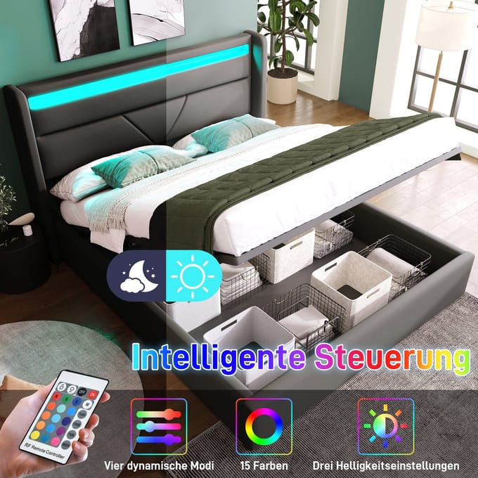 Hydraulisch opbergbed met LED verlichtingsstrip, tweepersoonsbed bedframe gestoffeerd bed 140x200cm, functioneel bed, grijs (met afstandsbediening)