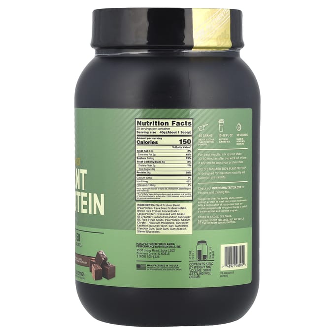 Gold Standard 100% Plantaardig Eiwit, Rijke Chocolade Fudge, 800G (1,76 pond)