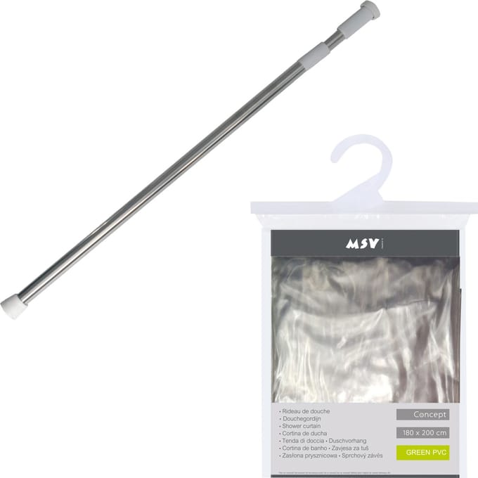 MSV Douchegordijn met ophangstang - uitschuifbaar 75-125 cm - transparant - L180 x H200 cm - pvc