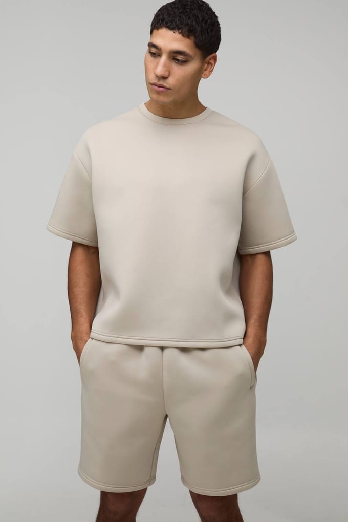 Oversized Boxy Bonded Scuba T-shirt & Ontspannen Short Set | Stone | Size Medium
