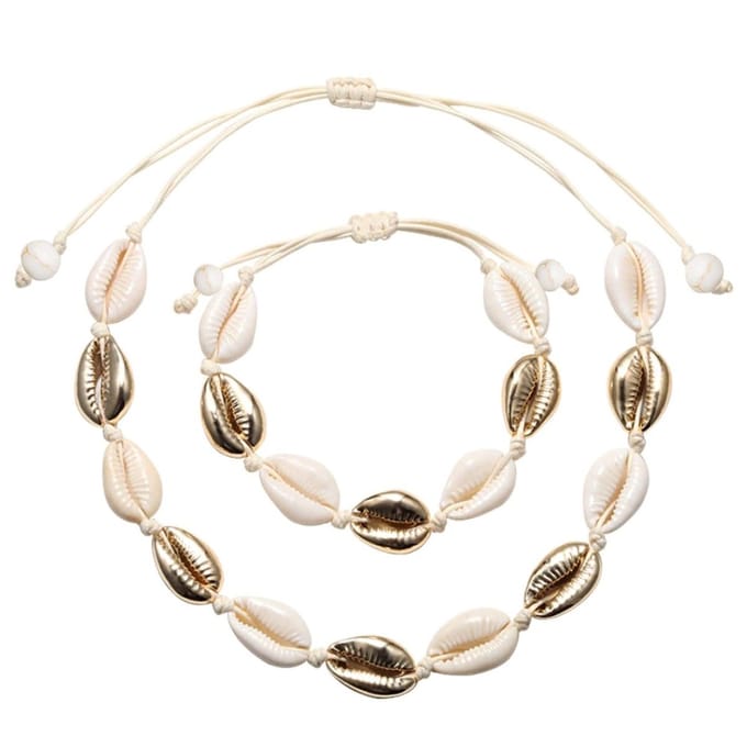 Fako Bijoux - Schelpjes Ketting & Armband - Choker - Schelpen Set - Goud/Wit