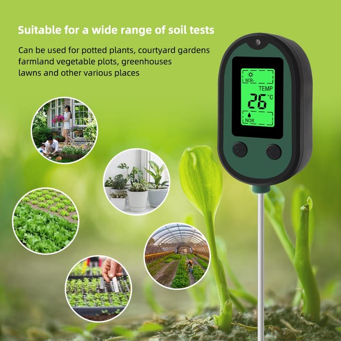 Bodem pH-meter 5 in 1 Zonlicht Vochtigheid pH Temperatuur Visueel Alarm Zuurheidsmeter Bodemtester groen