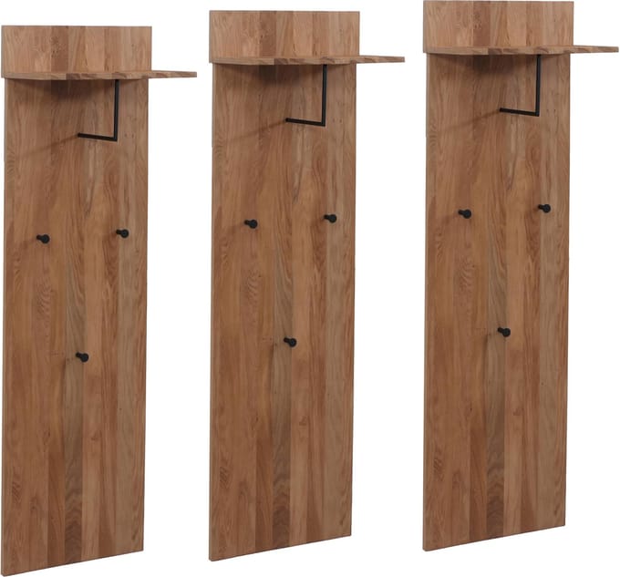 MCA set van 3 garderobe panelen MCW-P55, wandgarderobe, massief houten legplank met haken, eikenhout